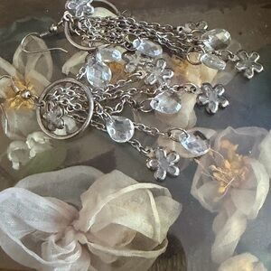 Vintage Elegant Silver Floral Dangle Earrings, Open Bezel Stained Glass flowers